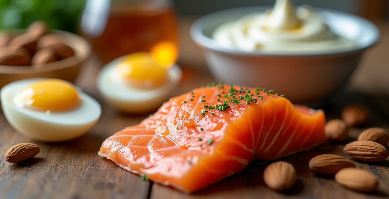 Composition d'aliments riches en protéines adaptés aux seniors sur une table en bois