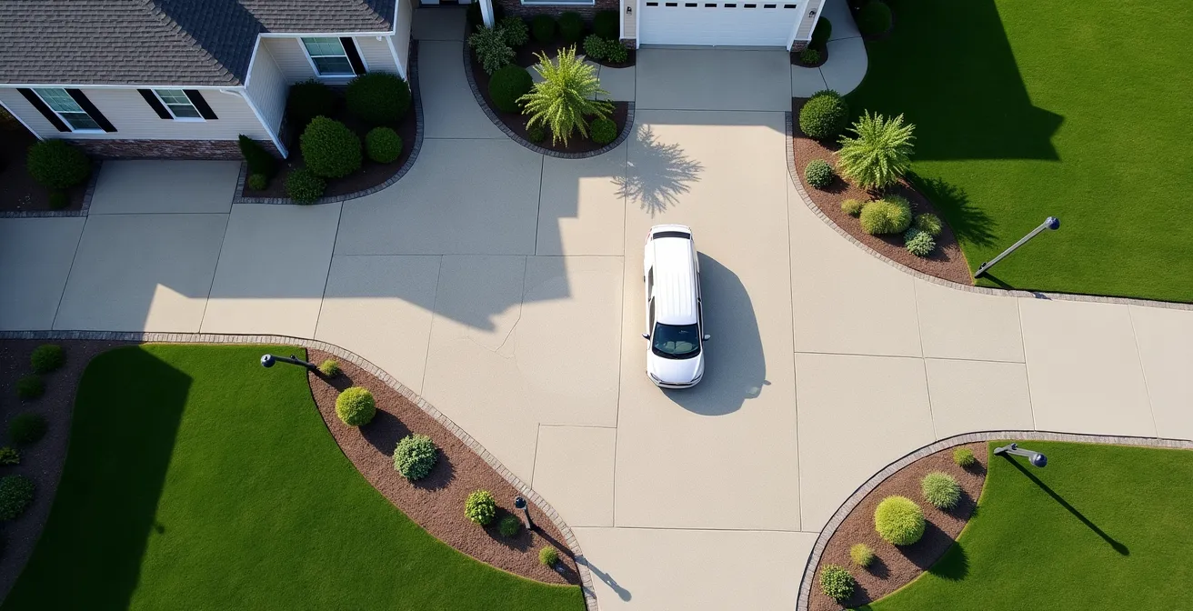 Vue aérienne d'une allée en béton désactivé avec aire de retournement pour ambulance