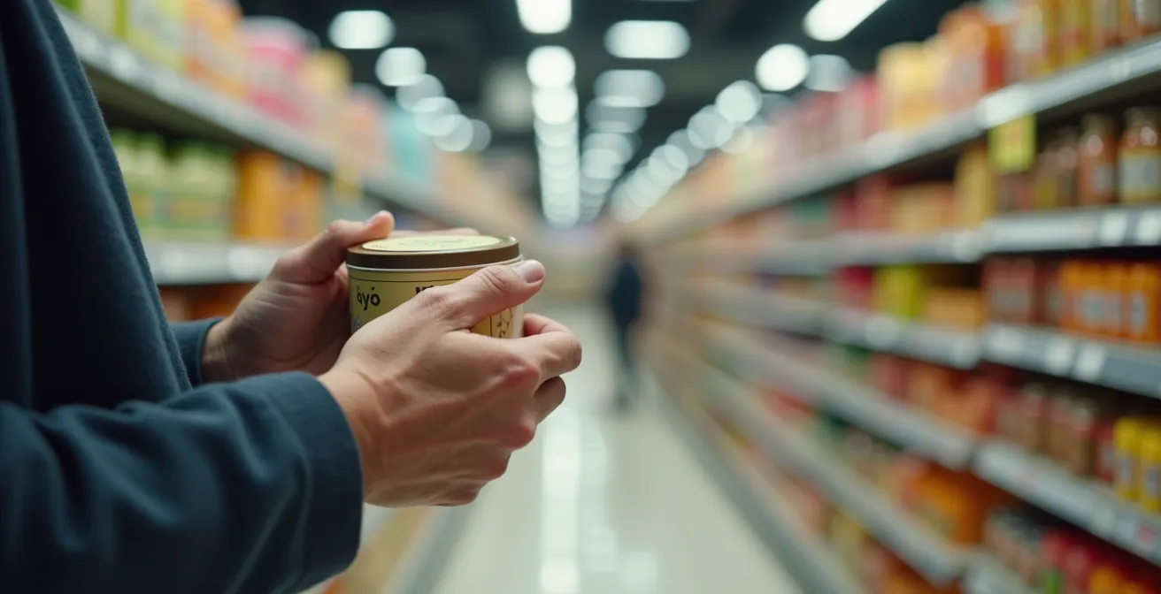 Mains de personne âgée examinant des produits alimentaires dans un supermarché