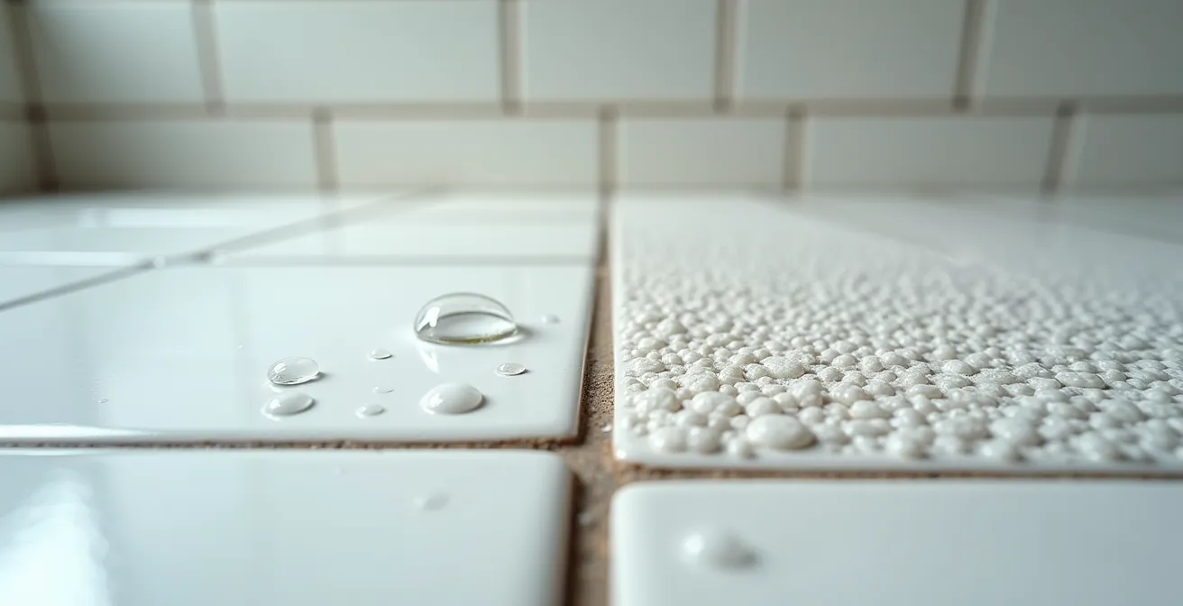 Application professionnelle d'un traitement antidérapant sur carrelage de salle de bain