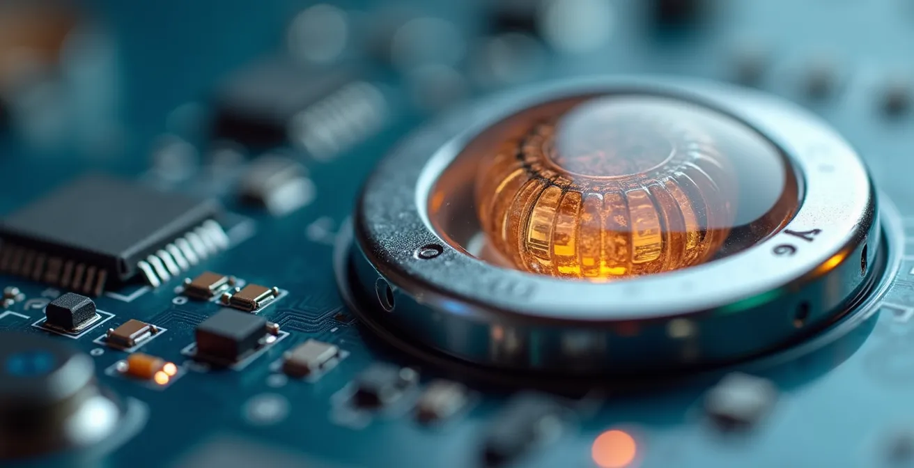 Vue macro d'un capteur électrochimique de détecteur de monoxyde de carbone montrant les composants internes