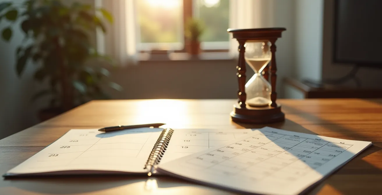 Calendrier visuel montrant les étapes d'installation d'un monte-escalier avec repères temporels