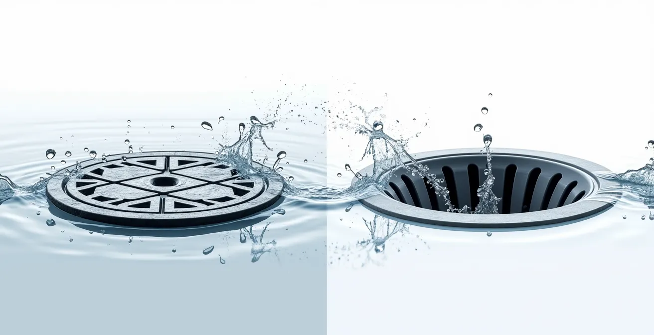 Vue comparative d'une bonde centrale et d'un caniveau de douche montrant la différence de capacité d'évacuation