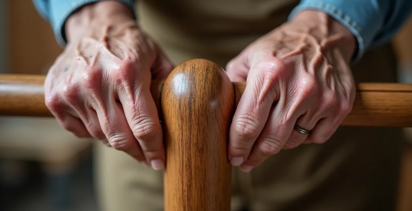 Gros plan de mains arthritiques testant différentes formes de rampes en bois