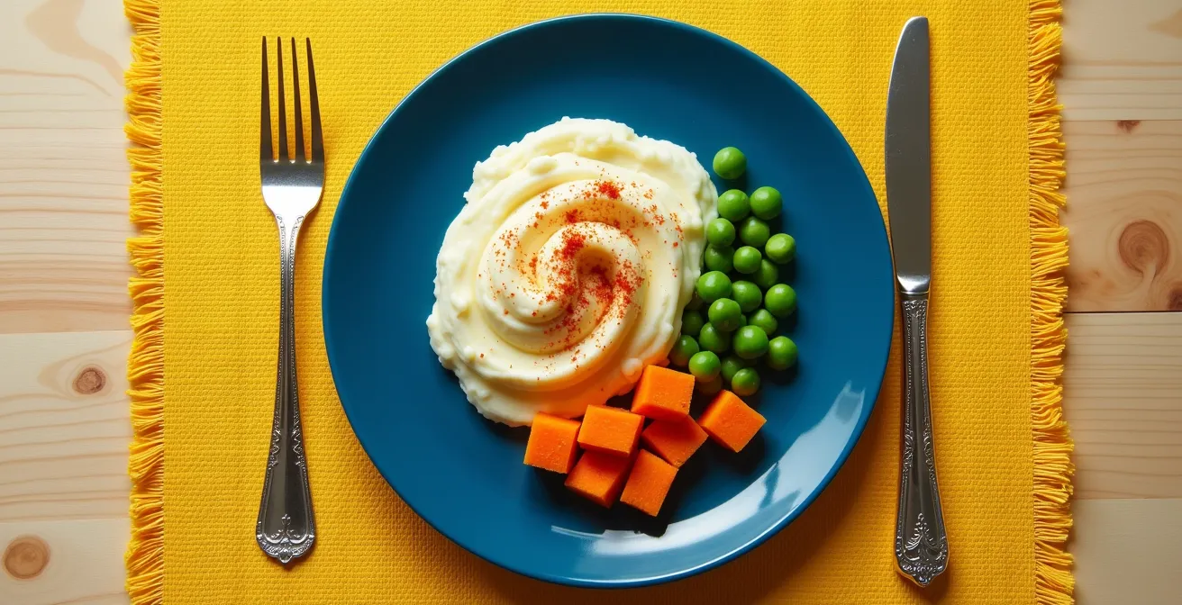 Assiette bleue avec purée blanche et légumes colorés créant un contraste visuel fort