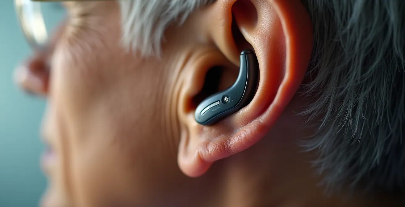 Vue macro d'une oreille équipée d'un appareil auditif discret avec effet de vibrations sonores