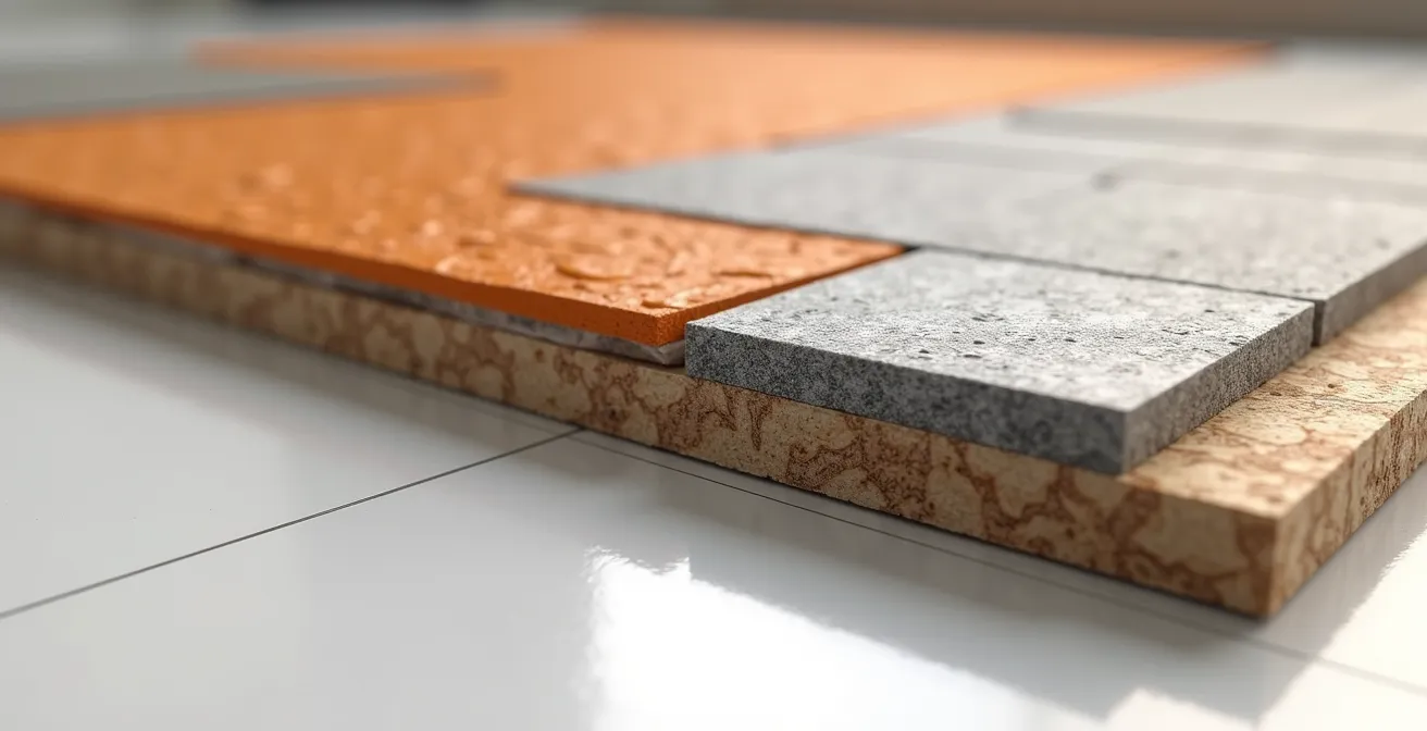 Vue en coupe technique d'une installation de douche sur plancher bois montrant les couches d'étanchéité