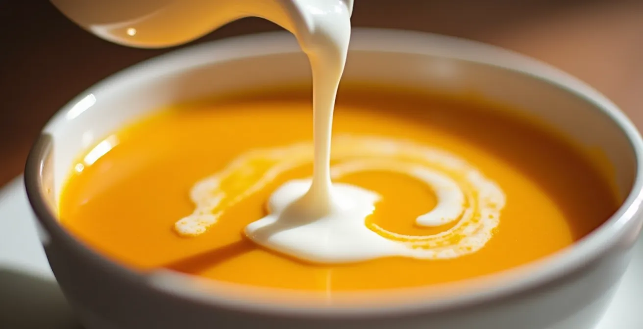 Gros plan sur une main versant de la crème dans une soupe orange veloutée, ambiance cuisine chaleureuse