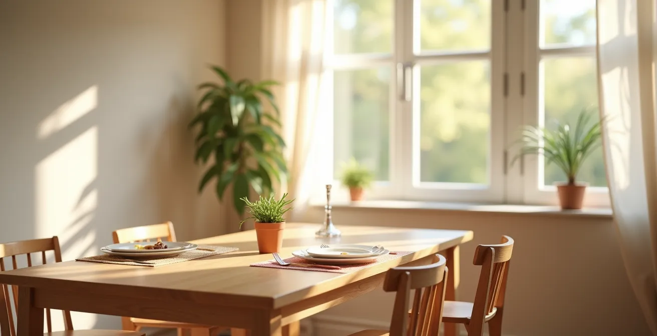 Salle à manger apaisante avec éclairage doux pour personne atteinte d'Alzheimer