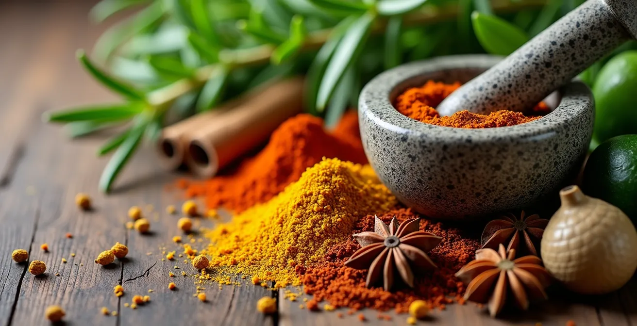 Arrangement d'épices colorées et d'herbes fraîches sur une planche de bois avec mortier et pilon