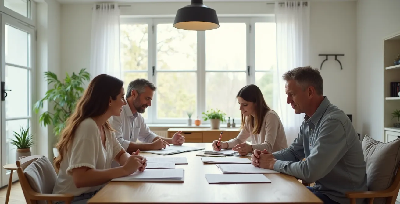 Famille réunie autour d'une table examinant ensemble des documents dans une atmosphère sereine