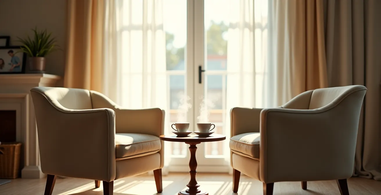 Professionnel en conversation bienveillante avec une personne âgée dans un salon chaleureux