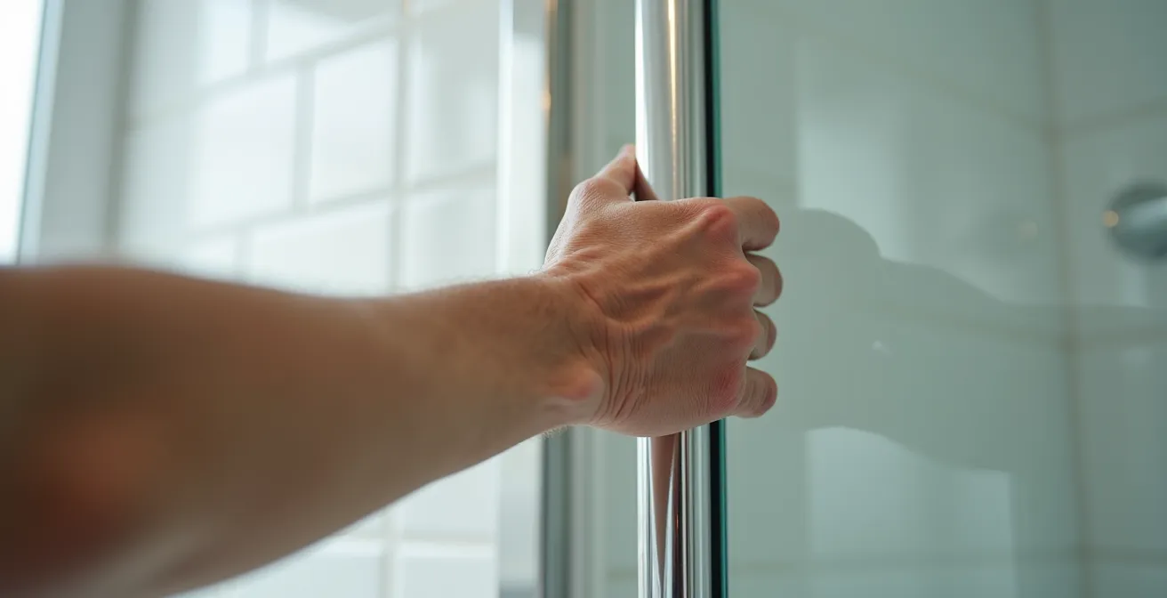 Main d'une personne âgée saisissant fermement une barre d'appui verticale à la sortie d'une douche.