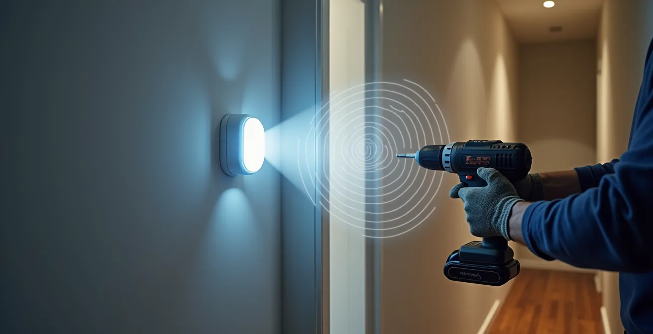 Vue technique montrant le positionnement optimal des détecteurs de mouvement dans un couloir avec zones de détection qui se chevauchent