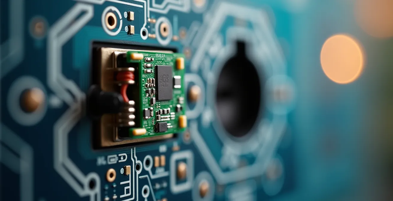 Vue macro détaillée d'un micromodule domotique installé derrière un interrupteur de volet roulant