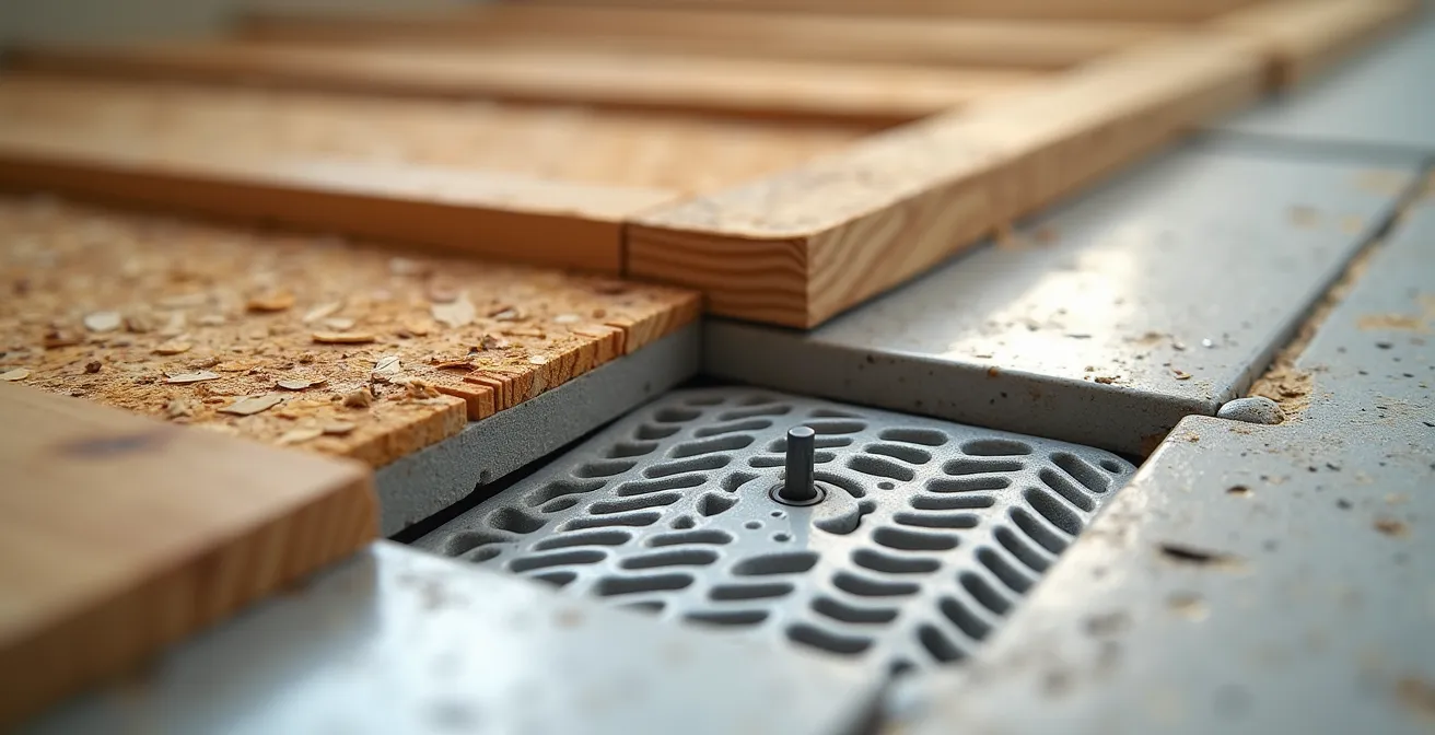 Coupe technique montrant l'installation d'un receveur extra-plat avec évacuation surélevée sur plancher bois