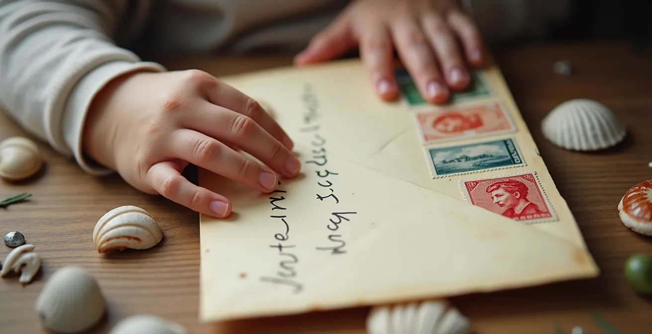 Mains d'enfant tenant précieusement une enveloppe colorée avec timbres vintage