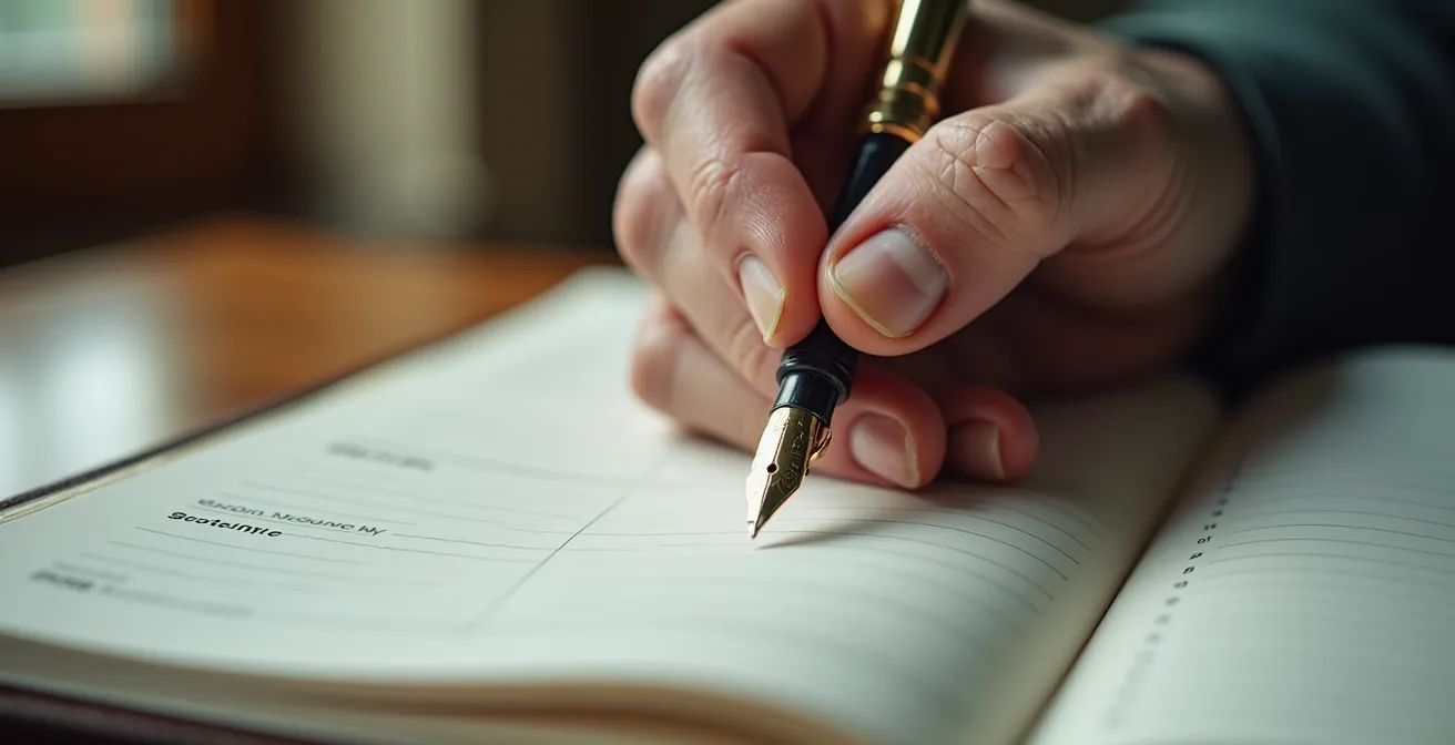 Gros plan sur une main de senior annotant un agenda avec ses activités sociales