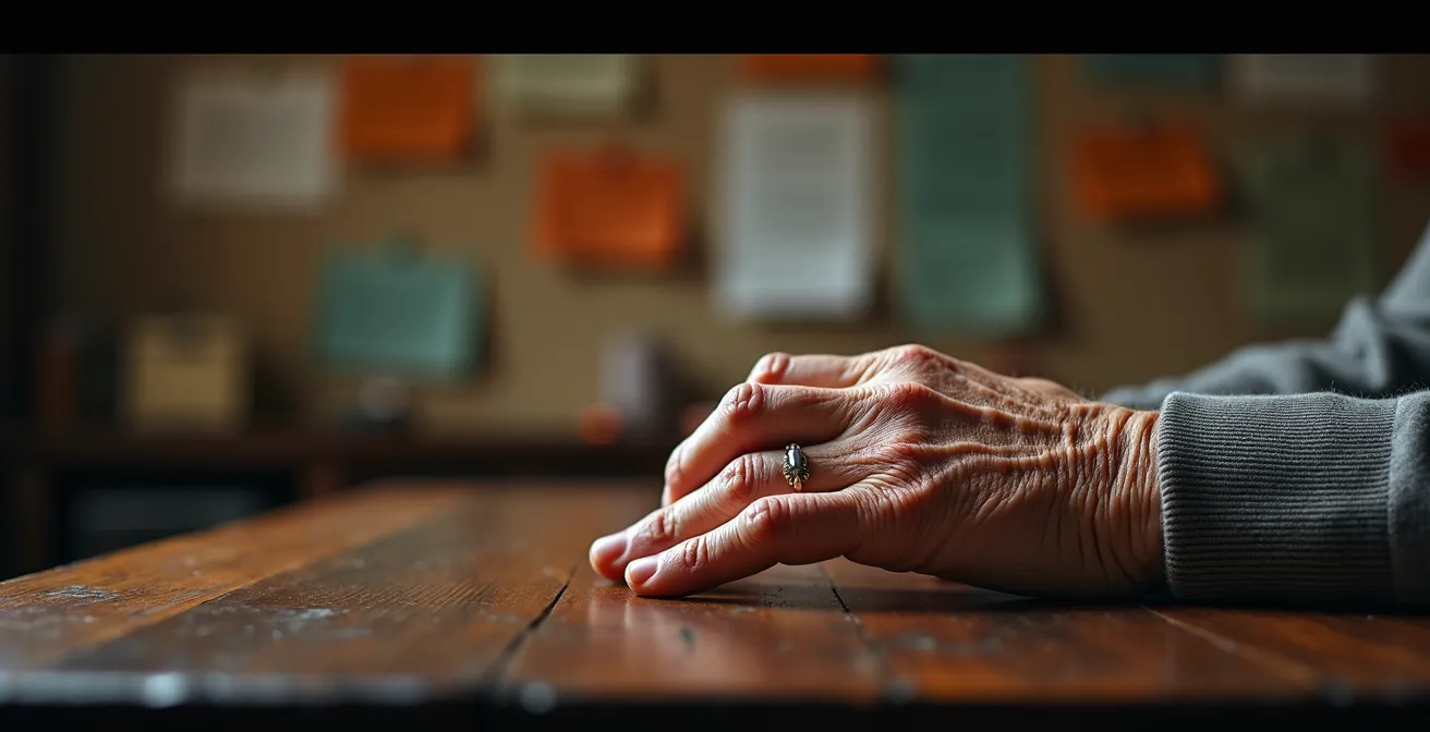 Mains âgées posées sur une table avec documents flous en arrière-plan symbolisant la vulnérabilité financière