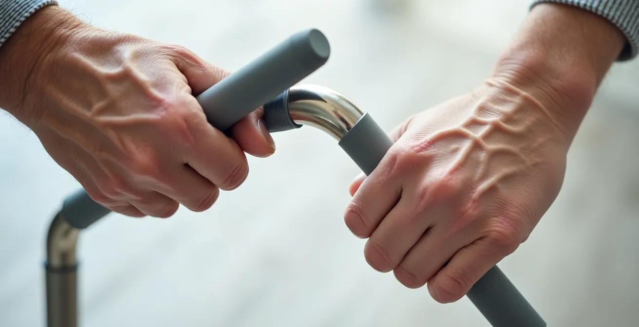 Comparaison visuelle entre un cadre métallique avec poignée large et une glissière en tissu, tenus par des mains de senior.