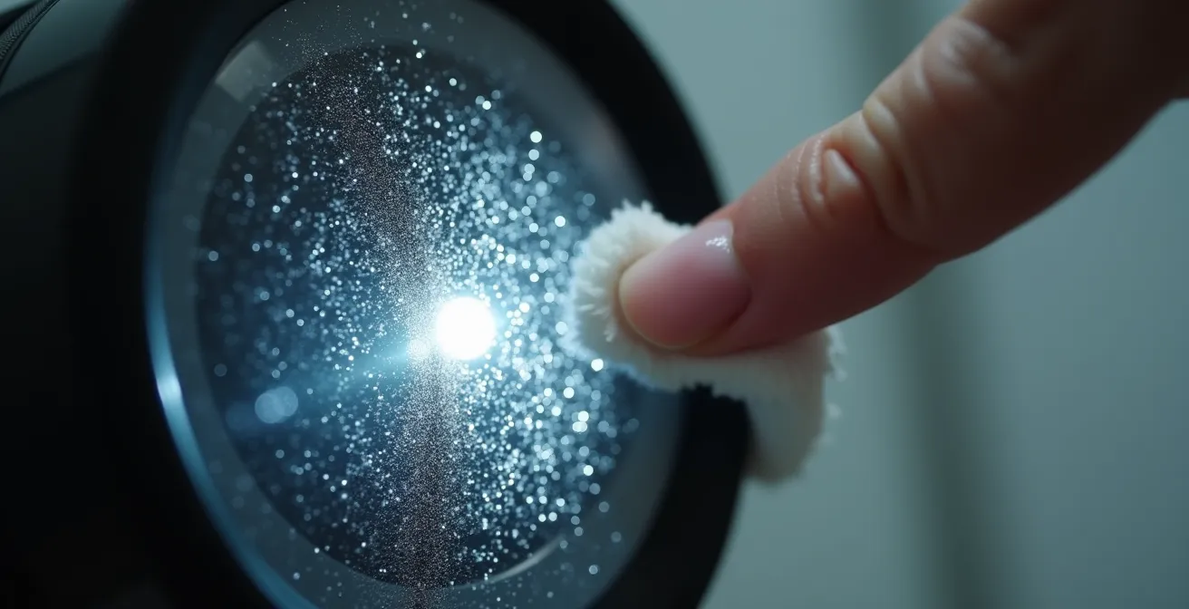 Gros plan macro sur un capteur de mouvement avec accumulation de poussière sur la lentille, main avec chiffon microfibre s'approchant pour le nettoyer