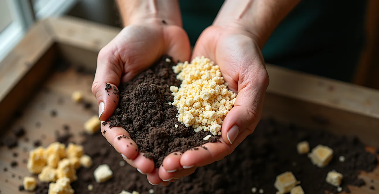 Mains mélangeant du terreau avec perlite blanche et vermiculite dorée dans un bac
