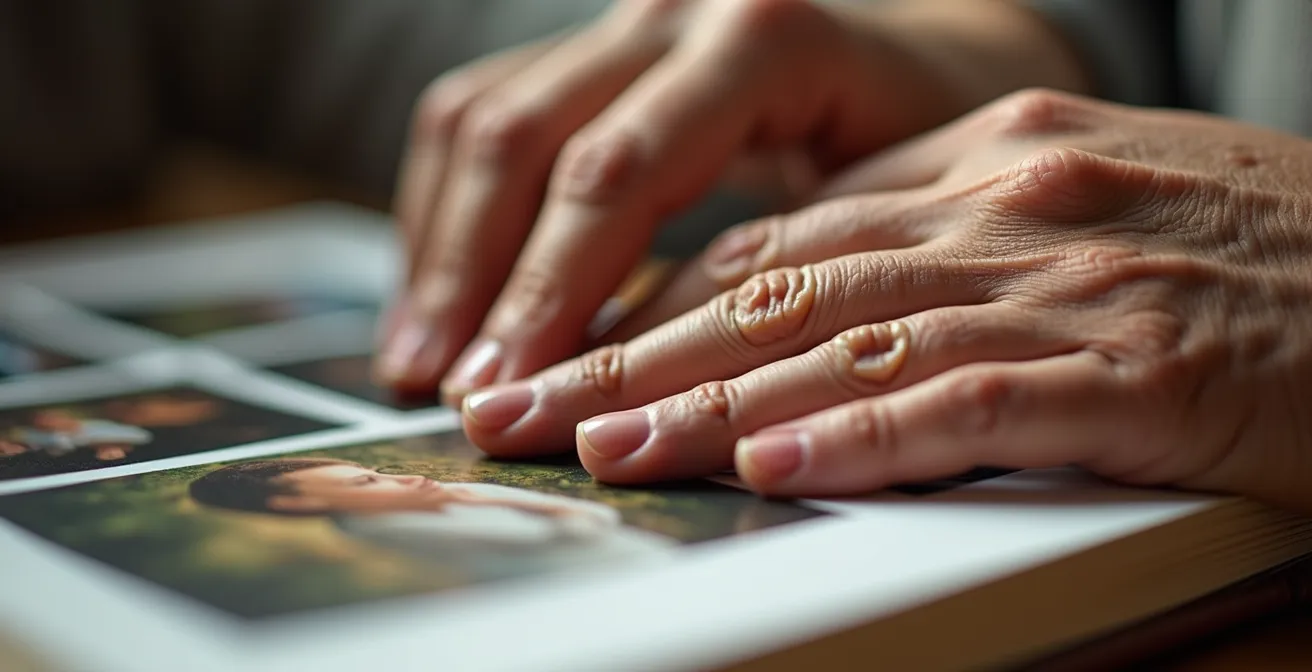 Mains entrelacées feuilletant ensemble un album photo dans une lumière douce