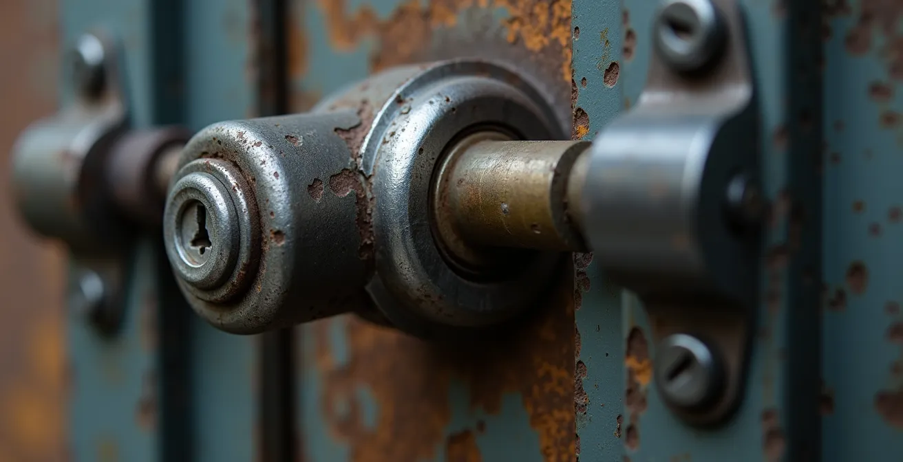 Vue macro d'un cylindre de serrure haute sécurité avec mécanisme motorisé sur porte blindée