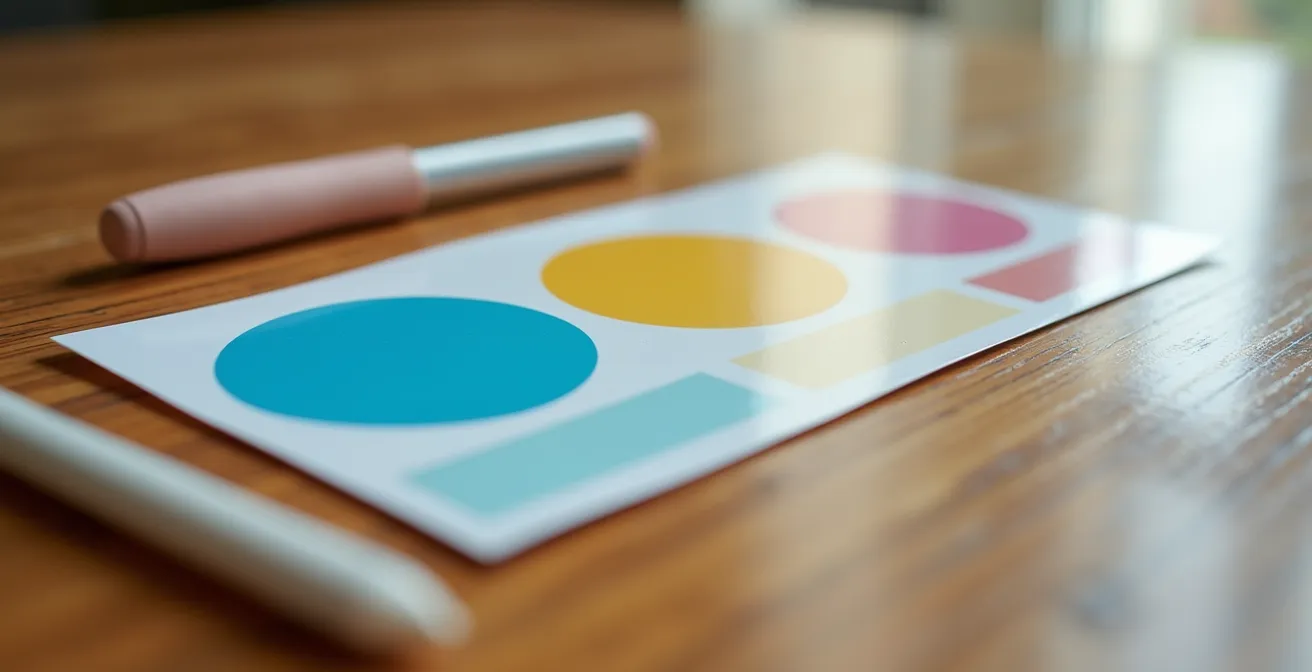 Gros plan sur une surface de table avec carte plastifiée colorée montrant trois pictogrammes simples, stylet posé à côté