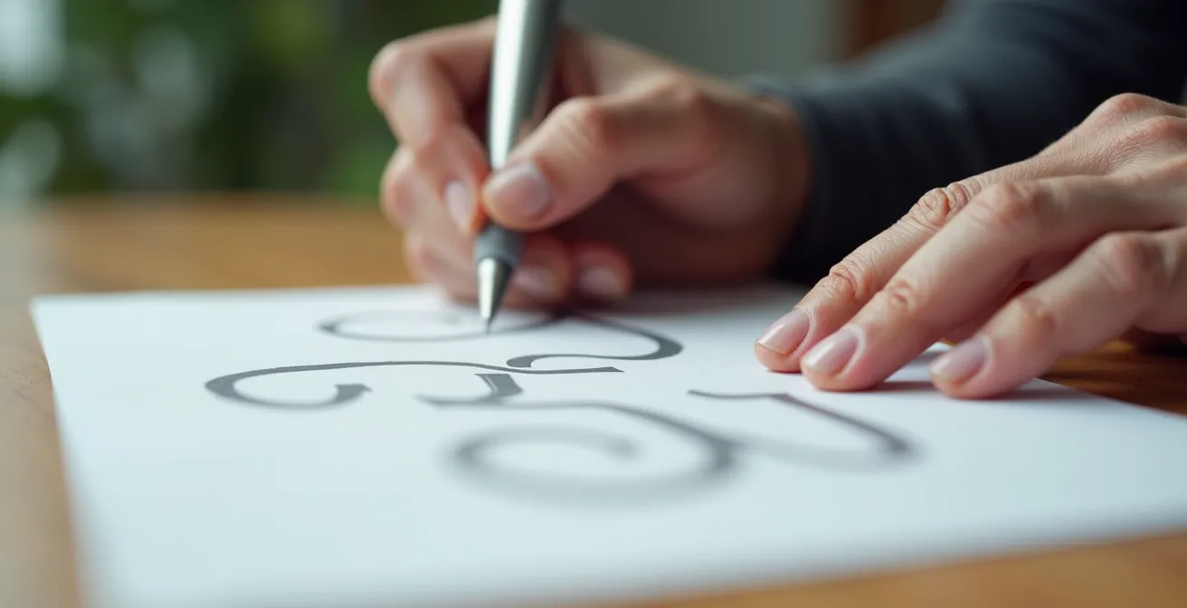 Mains d'une personne âgée remplissant soigneusement un formulaire sur un bureau organisé