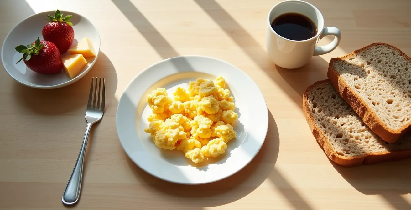 Vue aérienne minimaliste d'un petit-déjeuner équilibré avec œuf et fromage