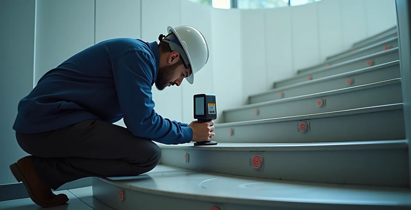 Technicien utilisant un dispositif de photogrammétrie pour mesurer précisément un escalier tournant