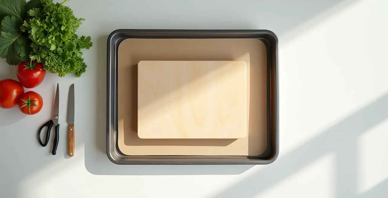 Plan de travail ergonomique avec planche à découper stabilisée et outils adaptés