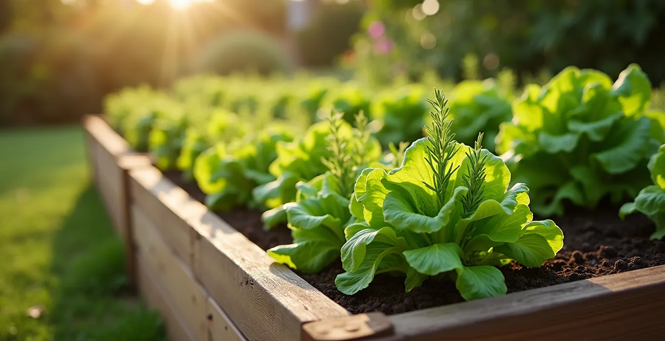 Vue large d'un potager surélevé avec salades vertes et plantes aromatiques florissantes