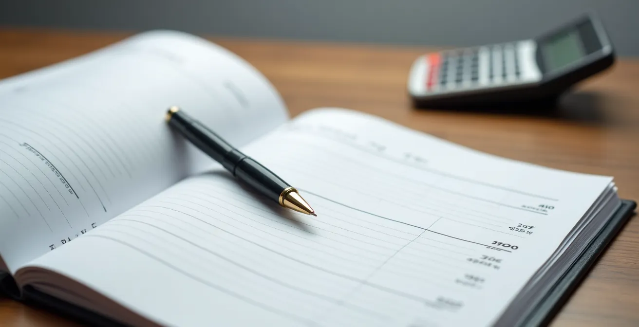 Carnet de comptes ouvert sur une table avec stylo et calculatrice, ambiance professionnelle