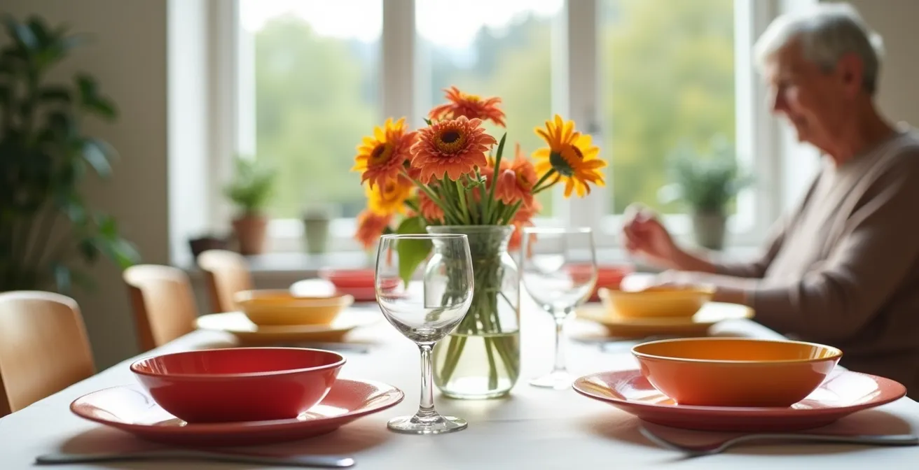 Vue d'ensemble d'une table joliment dressée avec assiettes colorées et une personne âgée souriante floue en arrière-plan