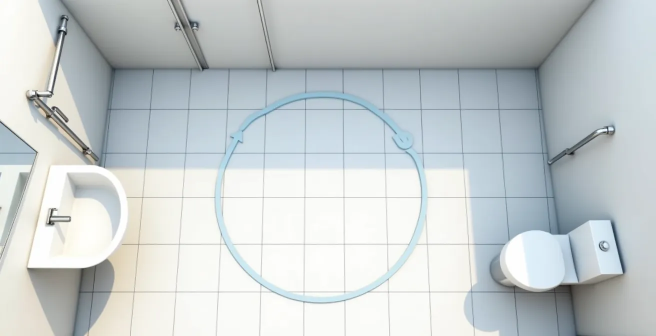 Vue aérienne d'une salle de bain montrant l'espace de circulation optimisé