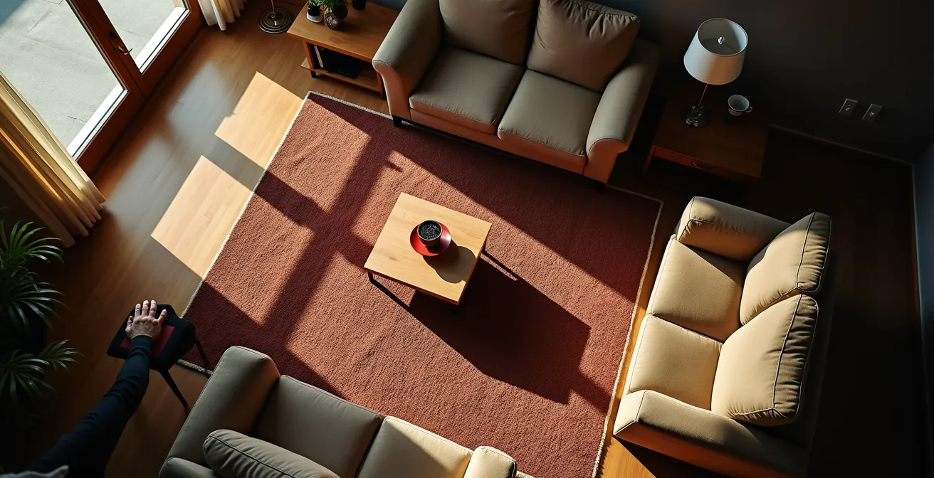 Vue aérienne d'un salon montrant les zones de danger à vérifier lors d'un audit sécurité