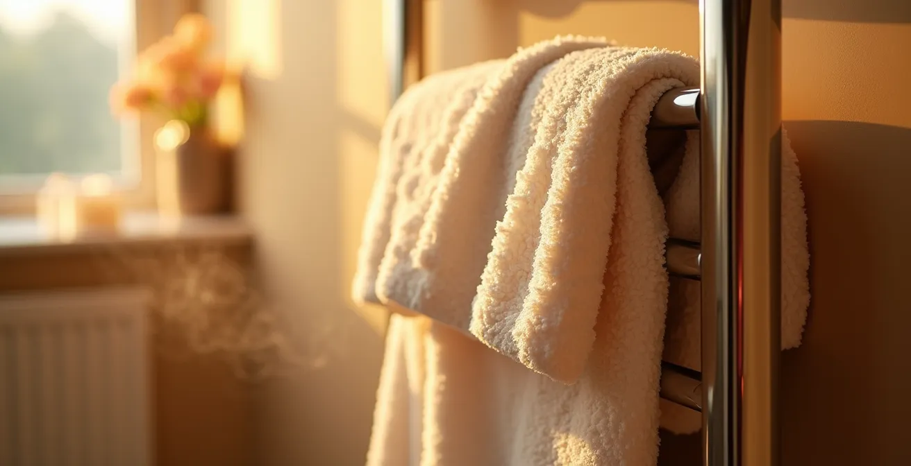 Un sèche-serviettes chauffant avec une serviette chaude et moelleuse prête à envelopper la personne.