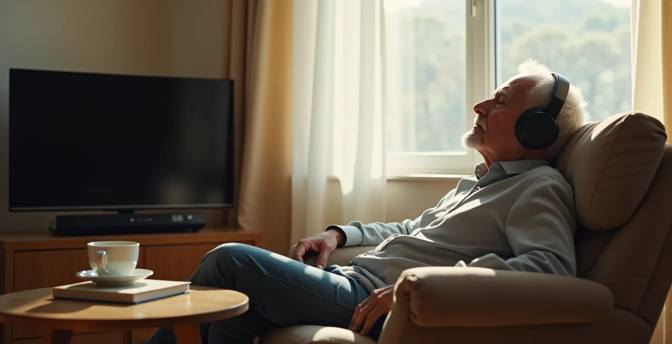 Personne âgée écoutant un livre audio dans un fauteuil confortable avec des écouteurs