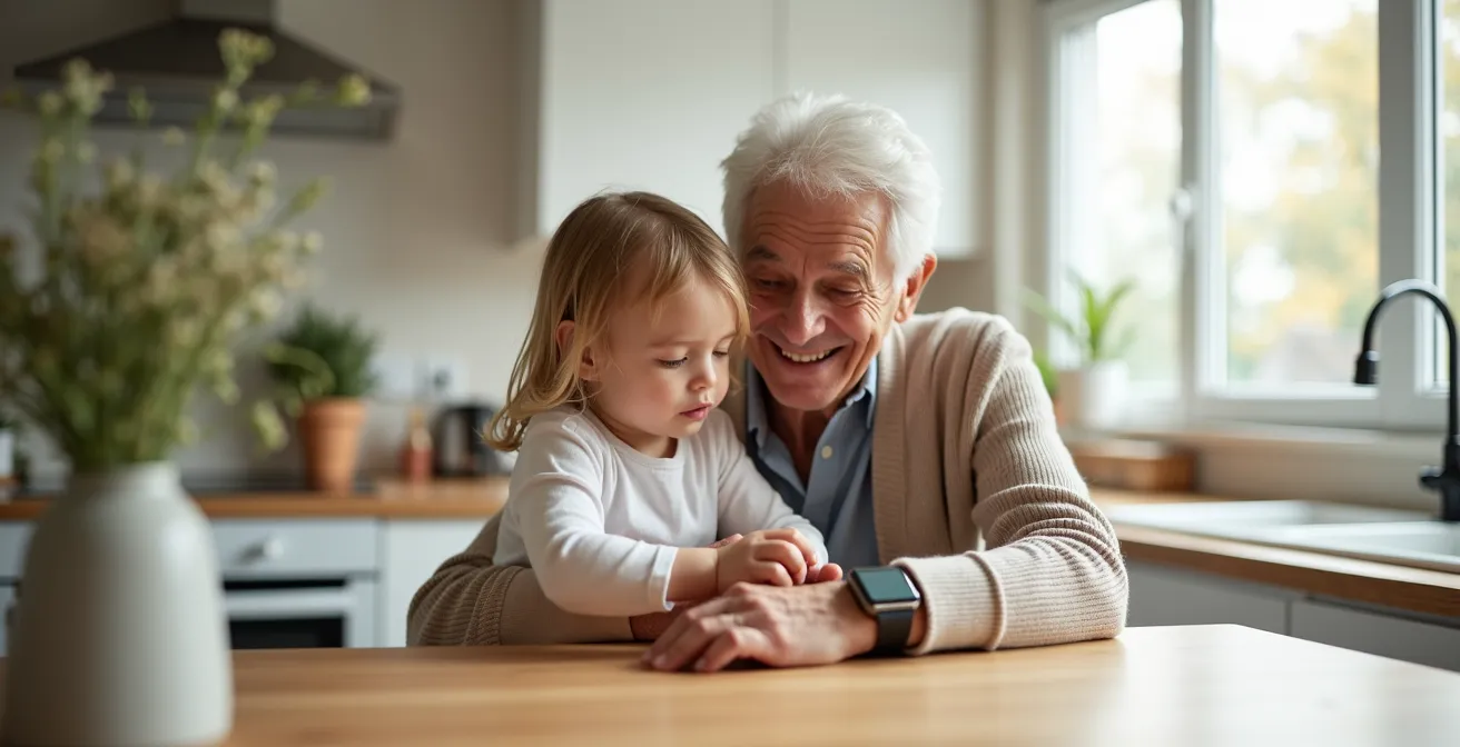 Grand-parent et petit-enfant testant ensemble le dispositif de téléassistance dans un moment complice