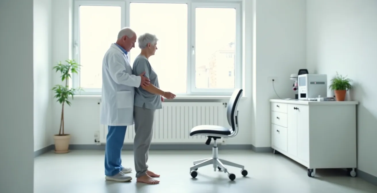 Personne âgée effectuant un test de lever de chaise avec un professionnel de santé observant