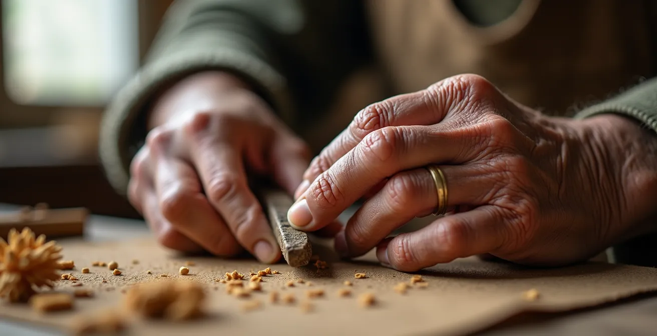 Mains de senior transmettant un savoir-faire artisanal dans un atelier lumineux