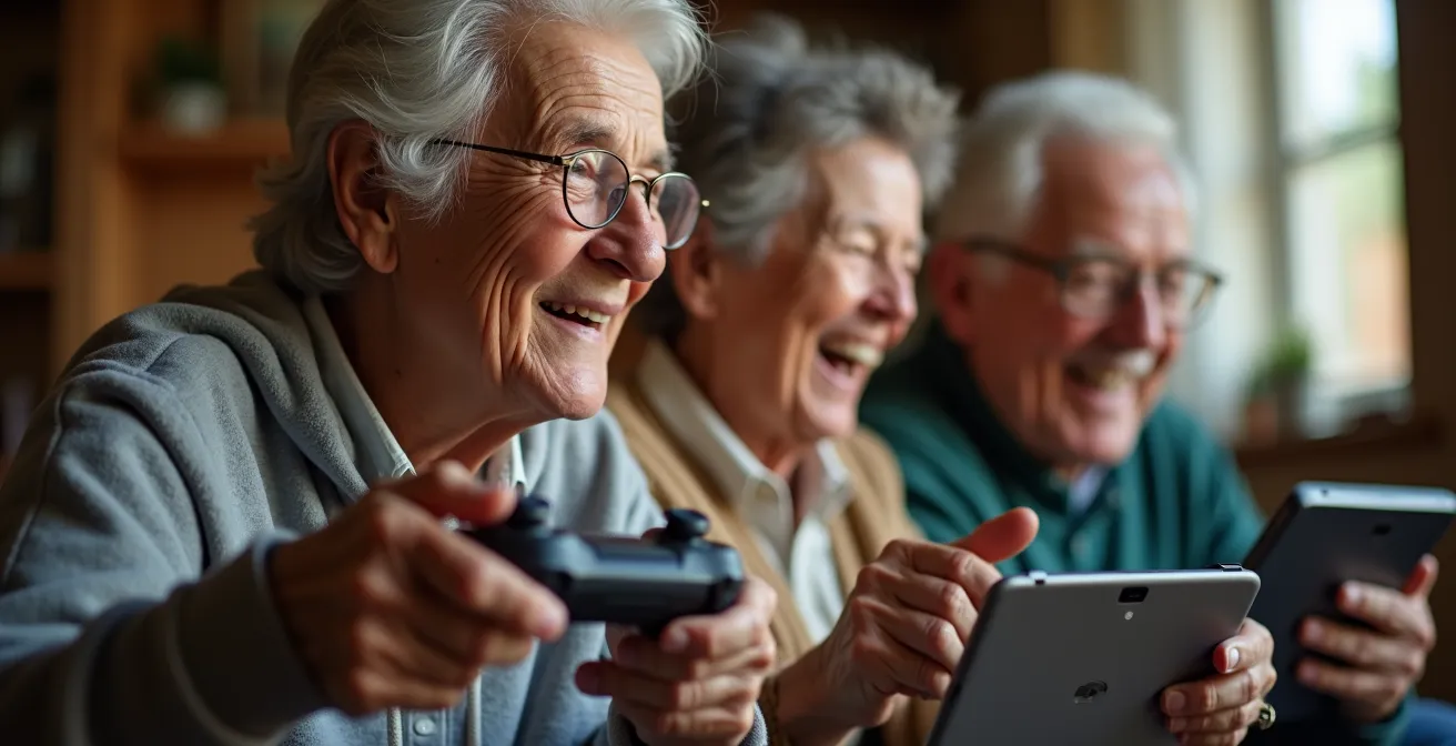 Seniors concentrés autour d'une table avec manettes de jeu et tablettes dans une ambiance conviviale