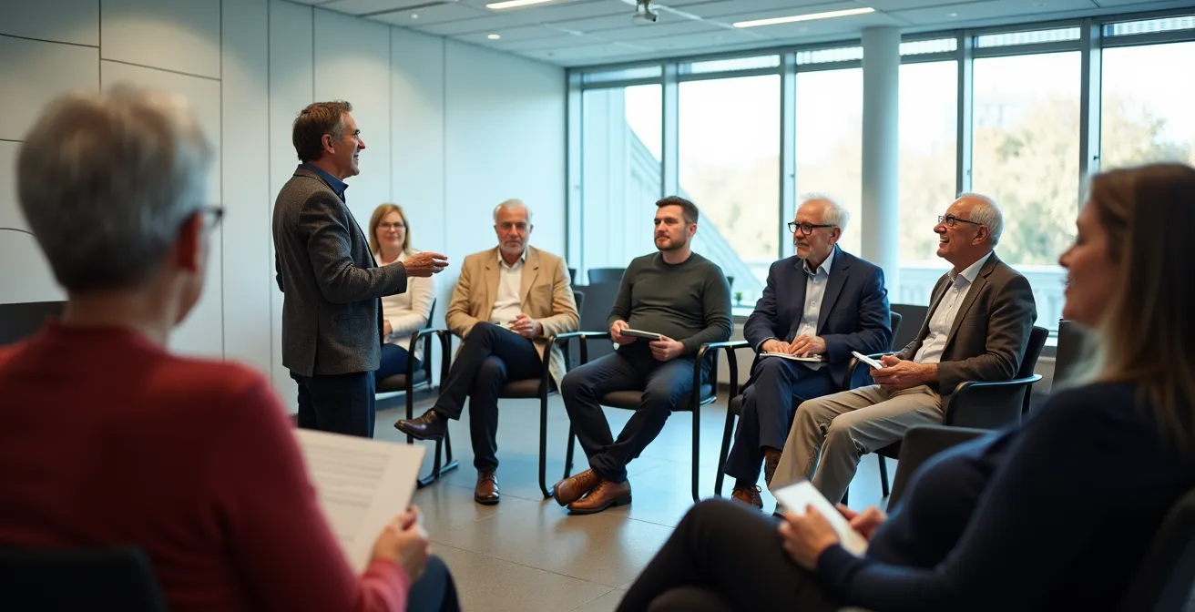 Seniors engagés dans un cours universitaire interactif avec professeur et technologies modernes