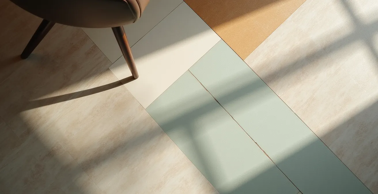 Sol en vinyle avec motifs géométriques délimitant visuellement les espaces dans un salon