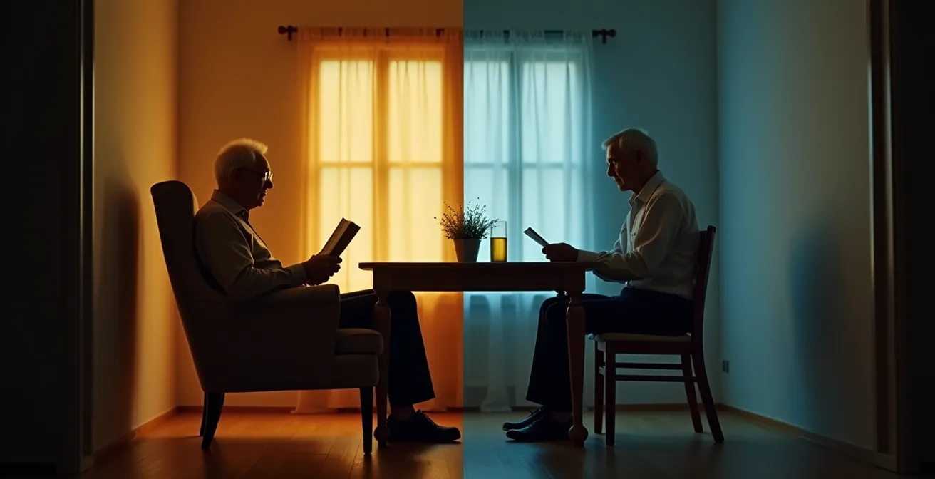 Contraste visuel entre solitude apaisée et isolement subi chez une personne âgée