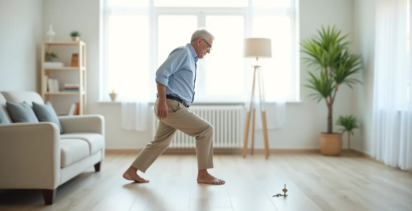 Senior démontrant la technique de fente avant pour ramasser un objet en préservant son dos