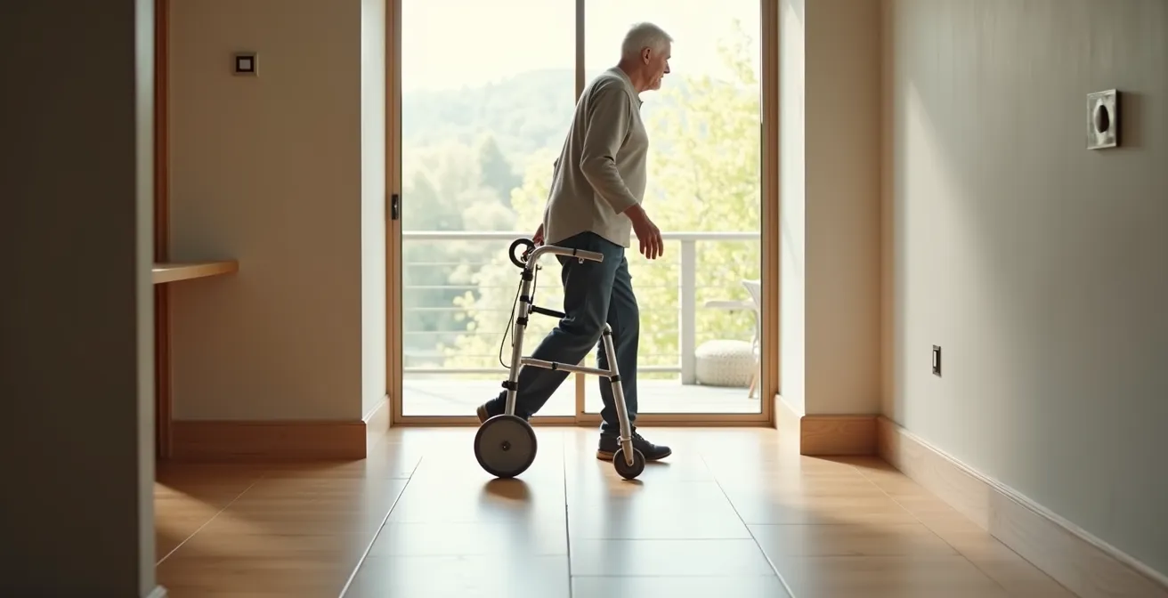 Vue latérale d'une personne franchissant un seuil avec un déambulateur en utilisant la technique du pivot