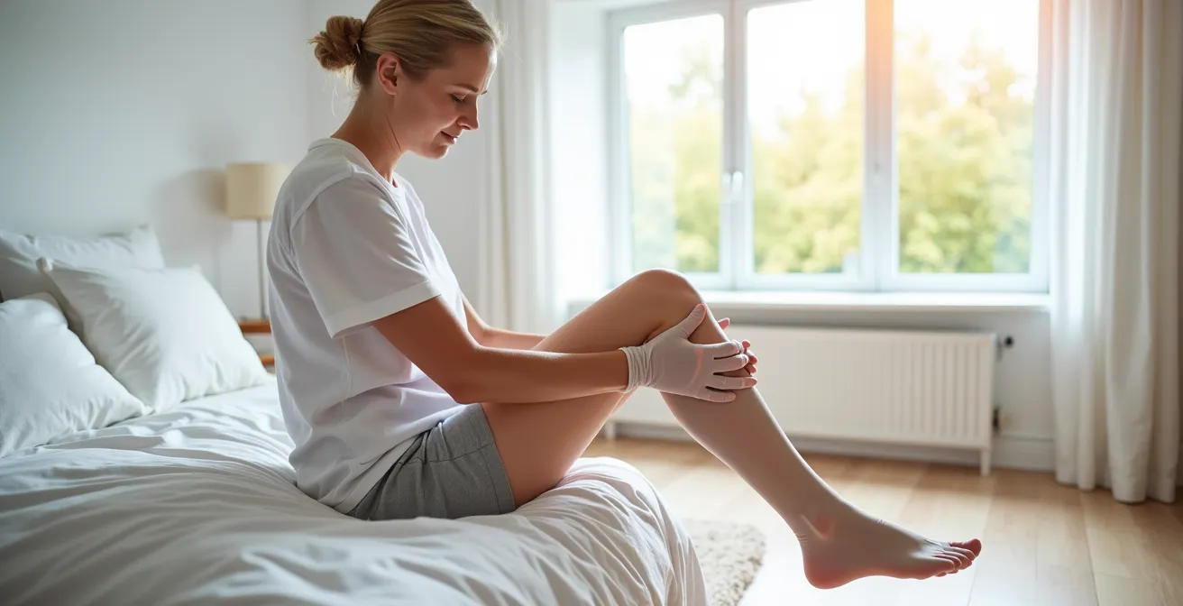 Personne âgée assise sur un lit, utilisant ses deux mains gantées pour lisser un bas de contention vers le haut, du mollet vers le genou.
